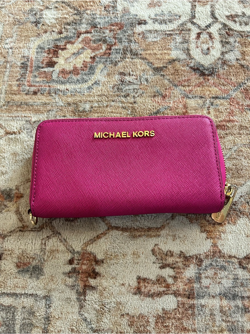MICHAEL KORS Hot Pink Saffiano Zip Wallet with Gold Hardware